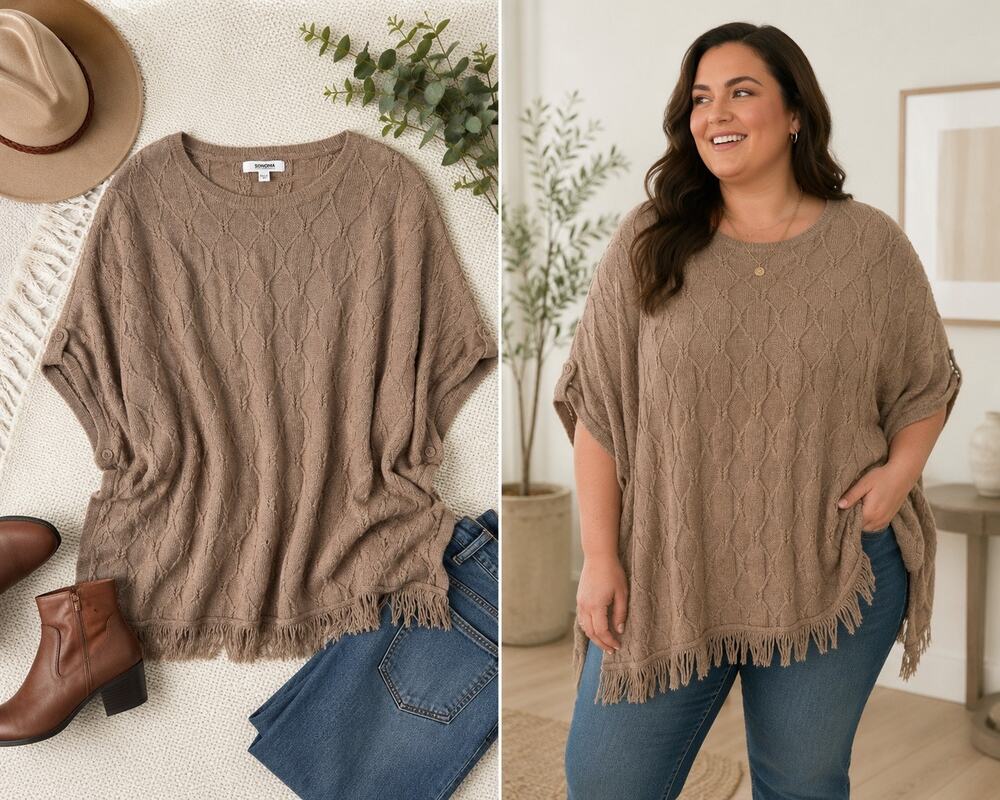 Sonoma Goods for Life L/XL Taupe Knit Poncho Sweater Fringe Boho Oversized